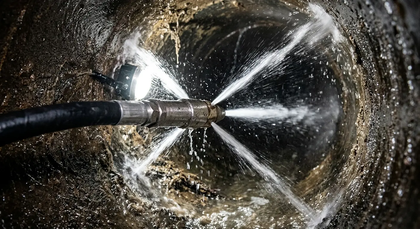 High-pressure hydro jetting nozzle cleaning sewer pipe for Trenchless Sewer Repair in Lincoln