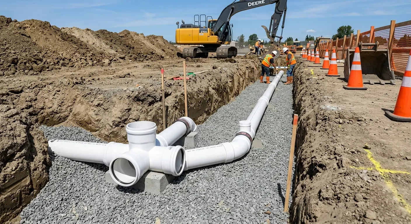 New PVC sewer pipe installation in open trench for Sewer Backup in Lincoln